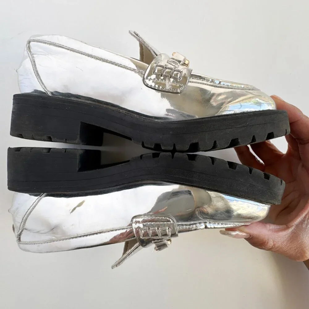 Sam Edelman Kids' Teo Platform Silver Metallic Loafer Lug Girls Size 13